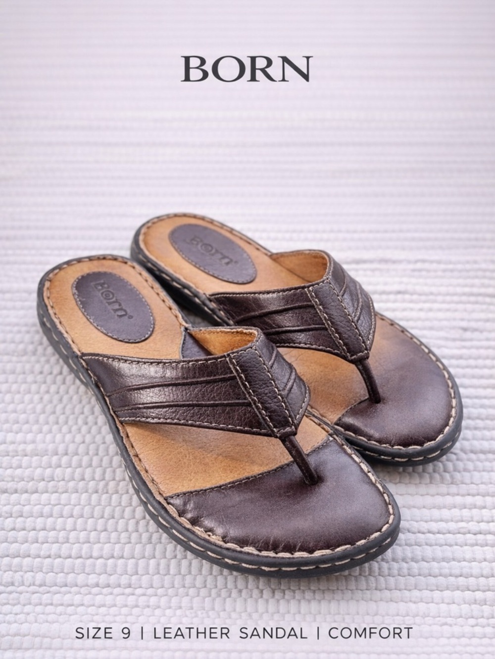 Born Leather Brown Comfort Thong Sandals Slide Women’s Size 9